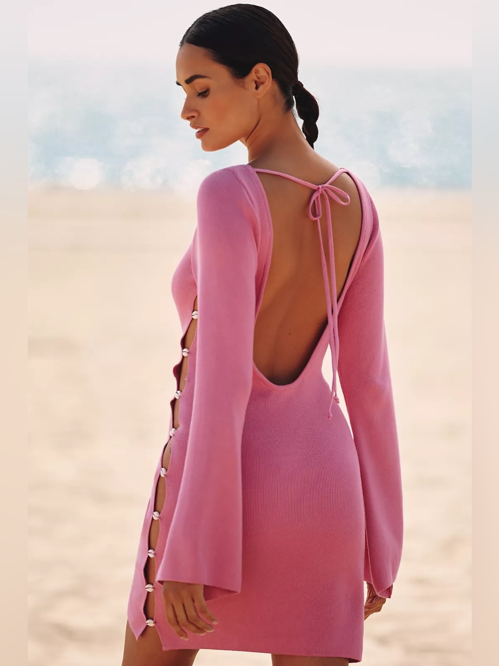 Anthropologie Celandine Pink Long-Sleeve Knit Dress Swimsuit Coverup Side Cutout